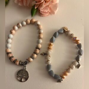 2 Stone Bracelets 1 Erimish, 1 Jasper Tree of Life peach, slate, cream, silver